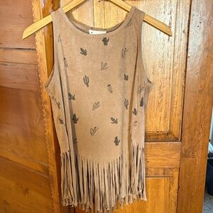 French Pastry Tank Top Womens Small Cactus Print Fringe Boho Southwestern‎